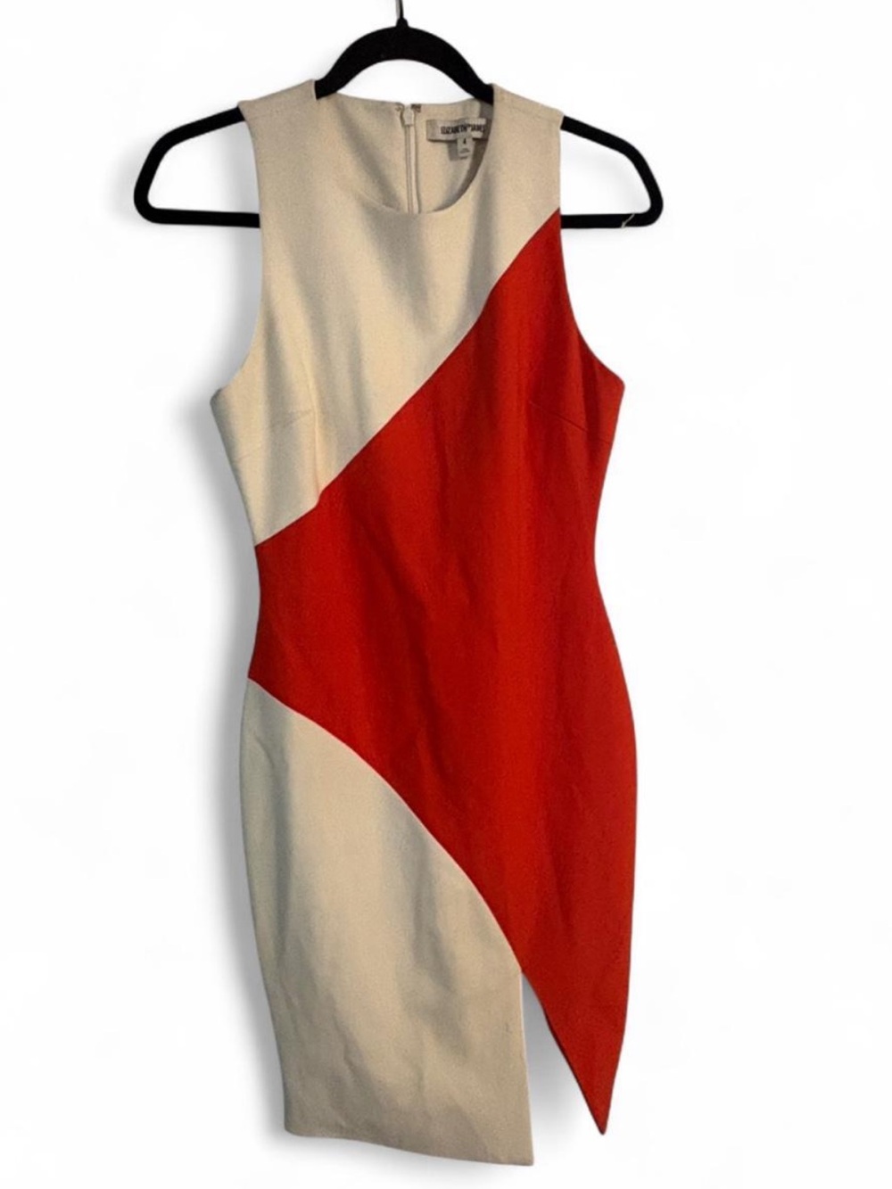 Elizabeth and James Red and Cream Asymmetrical Sheath Dress